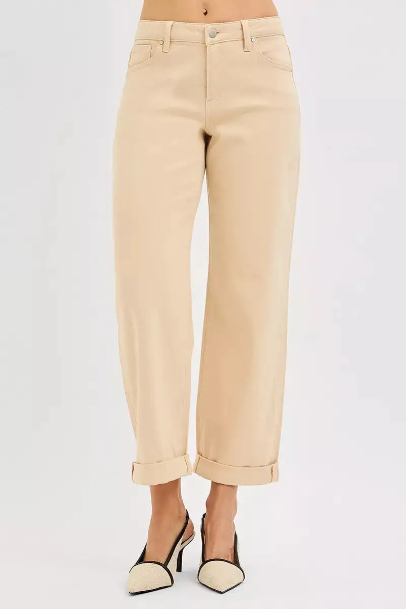 Classic Mid Rise Cuffed Hem Wide Leg Jeans
