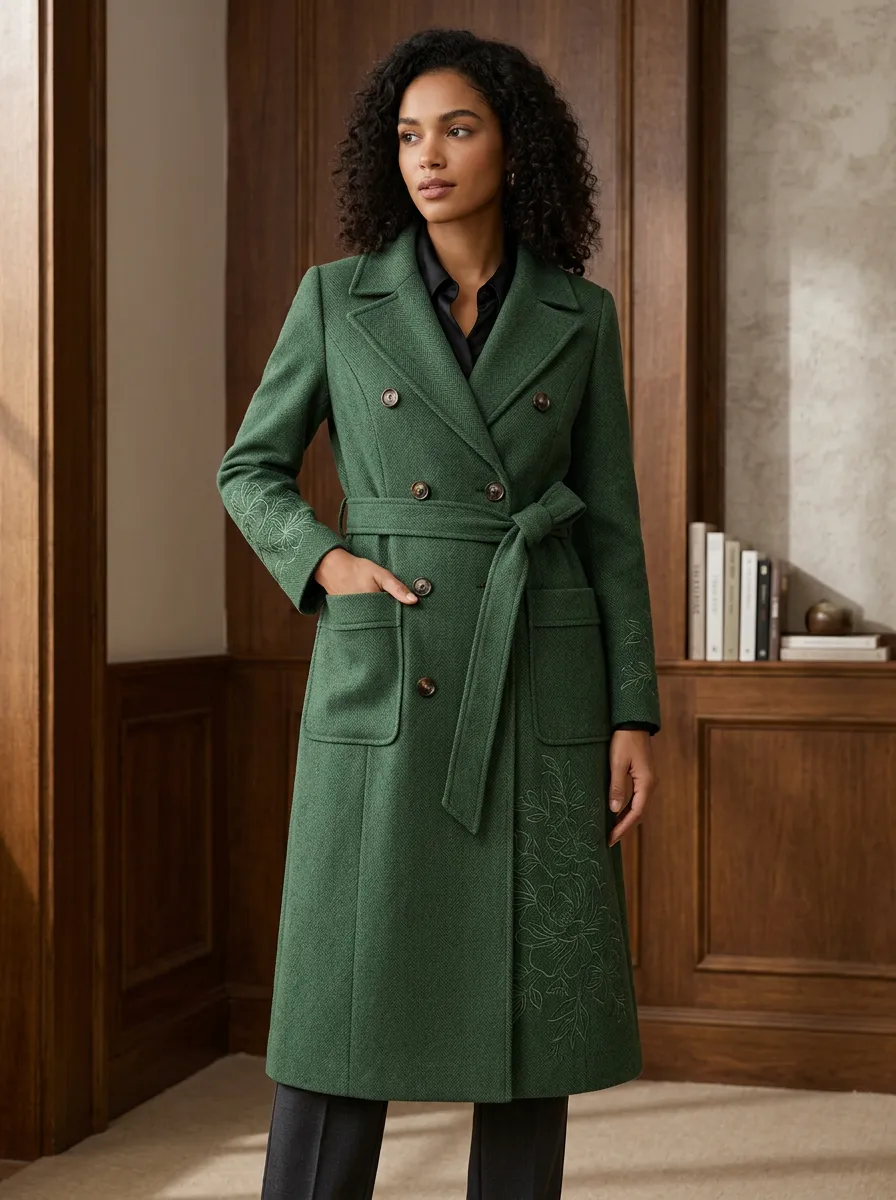 Women's Floral Embroidery Green Herringbone Printed Coat
