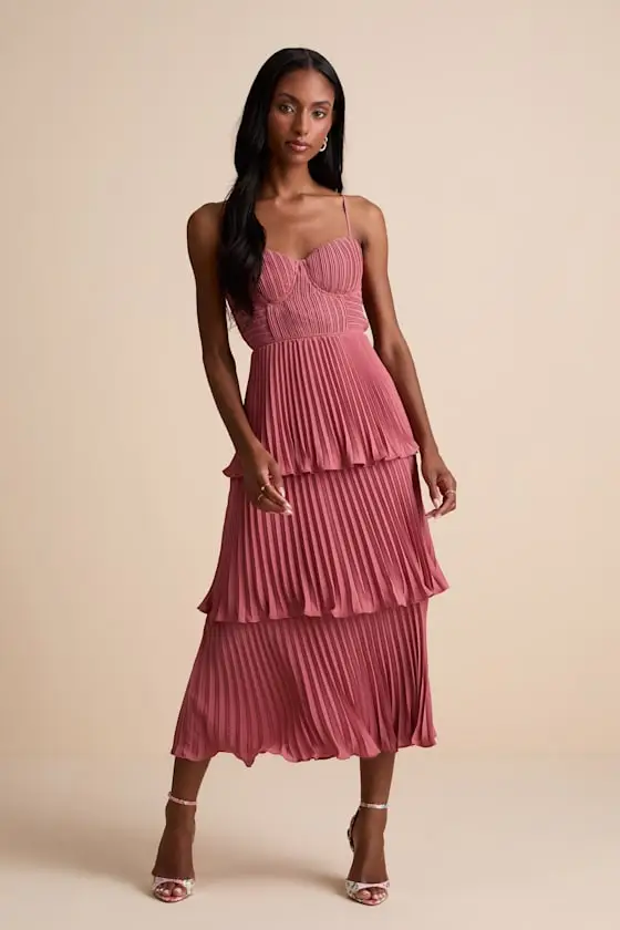 Cascading Crush Light Blue Tiered Bustier Midi Dress