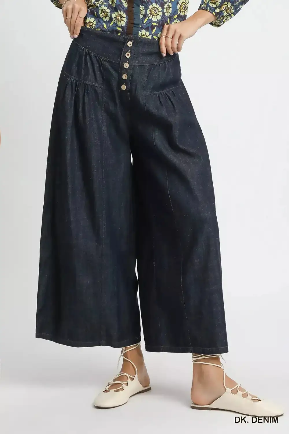 Stone Washed Wide Leg Button Front Culottes Apparel