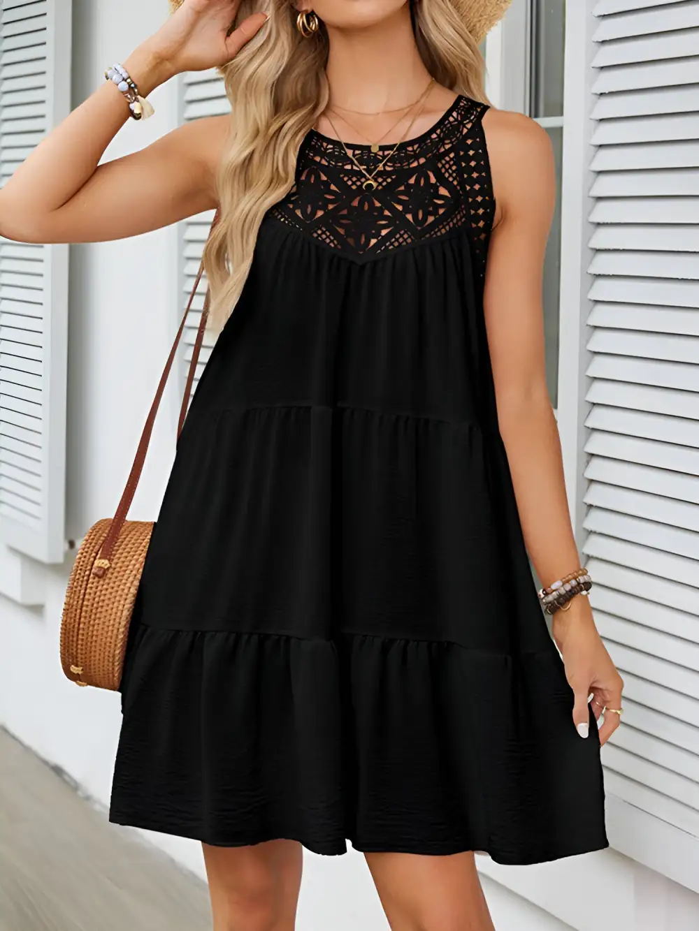 Boho Lace Sleeveless Tiered Above-Knee Length Dress