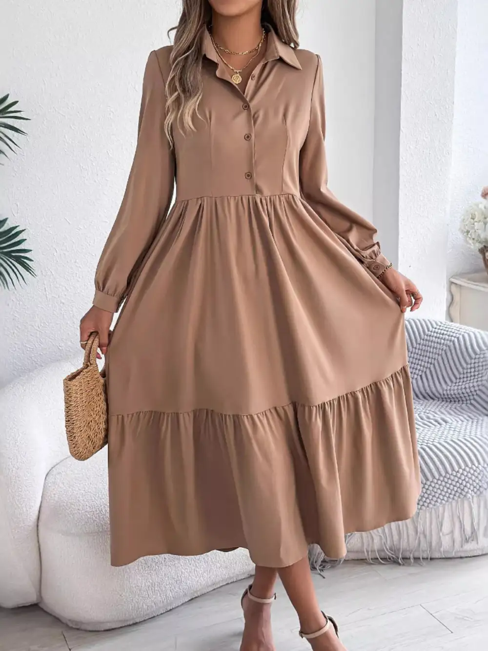 Button Front Tiered Long Sleeve Midi Dress