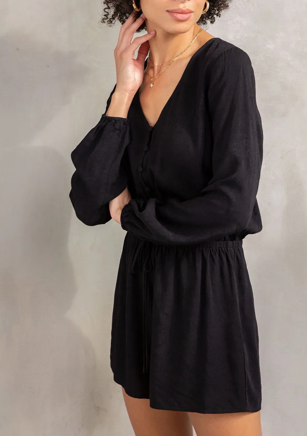 Half Button V-Neck Long Sleeve Romper