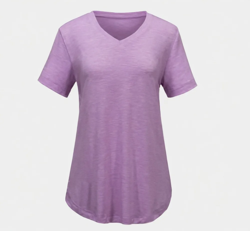 Women's Casual V-Neck Solid Color T-Shirt with Curved Hem
