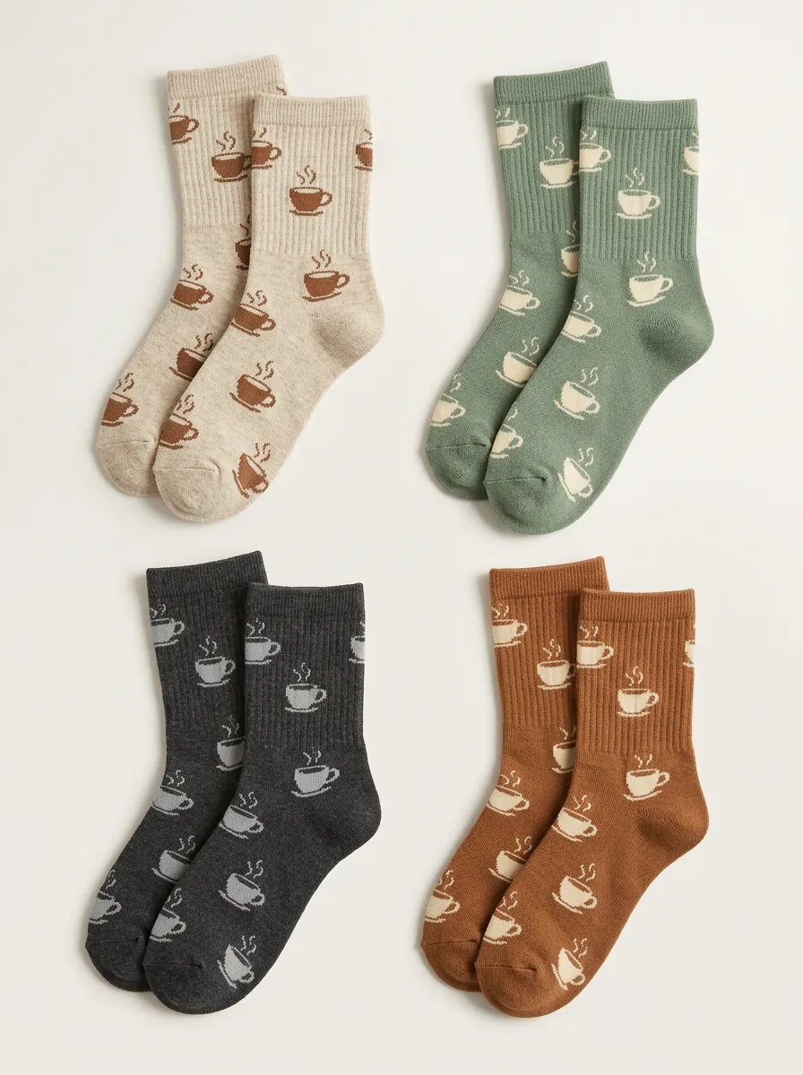 Women's Coffee Cup Ribbed Crew Socks Four Pair Set
