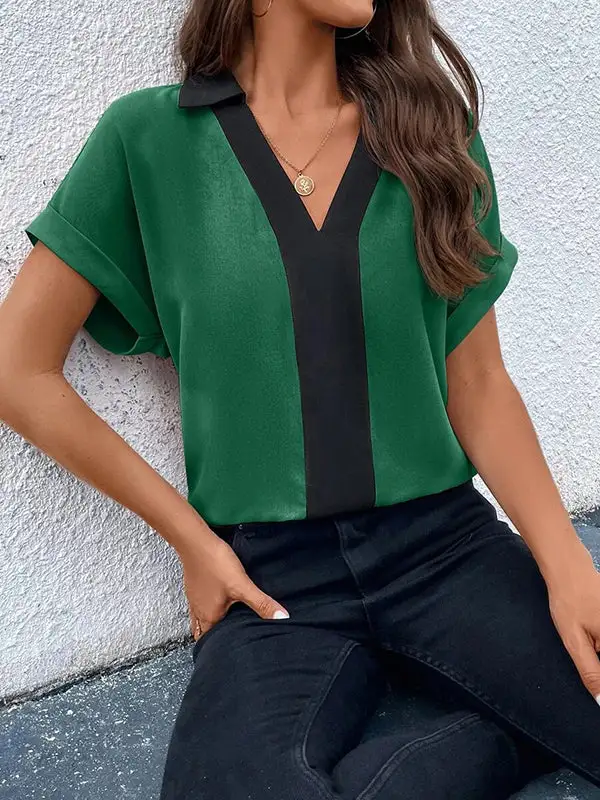 Relaxed Short Sleeve Contrast V-Neck T-Shirt