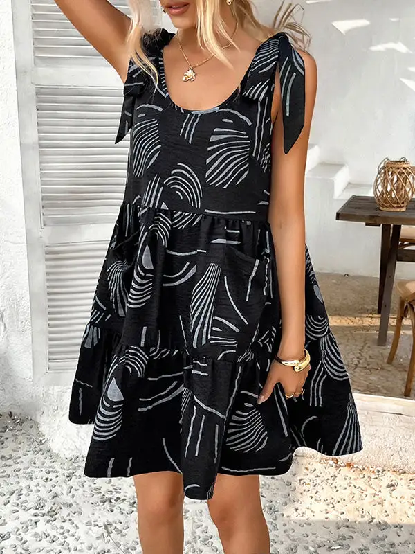 A Line Relaxed Contrast Color Pleated Pocket Printed Tied Spaghetti Neck