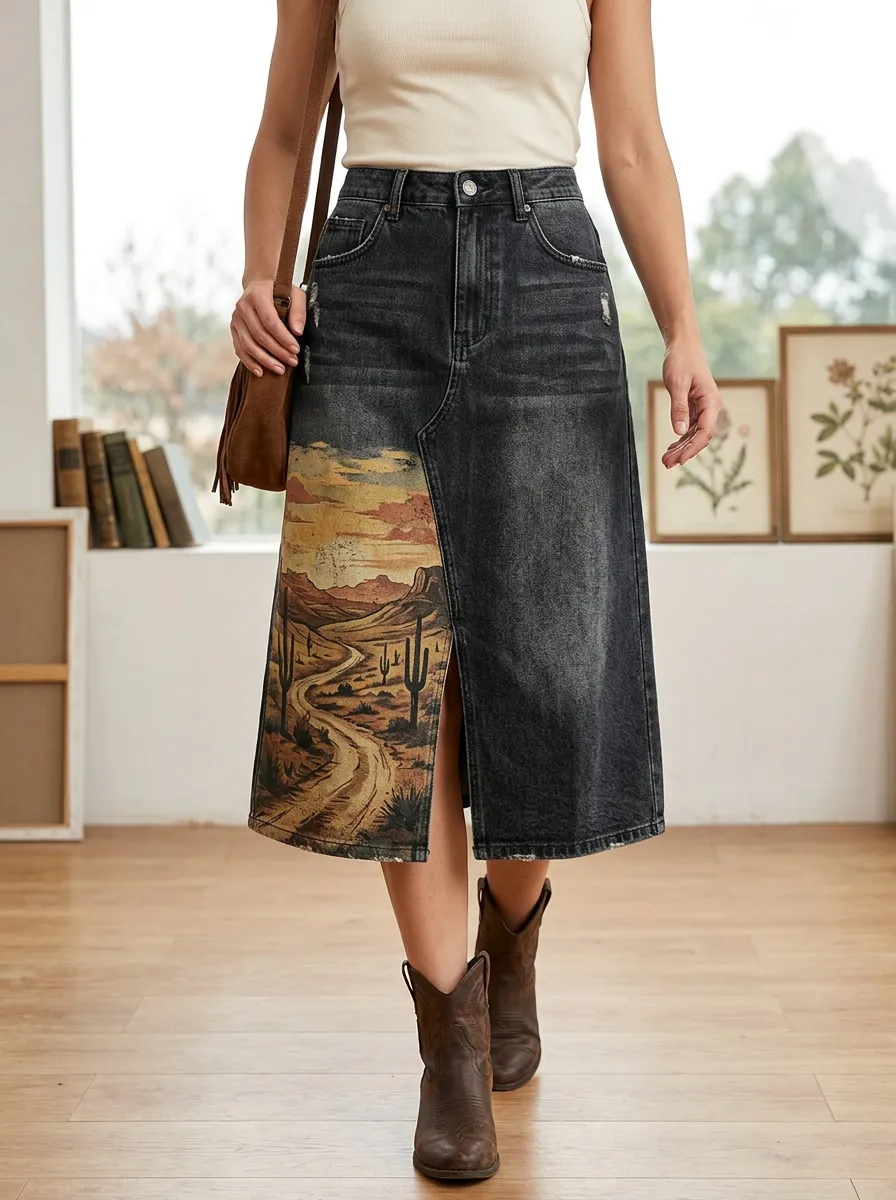 Women's Scenic Desert Print Denim Midi Skirt