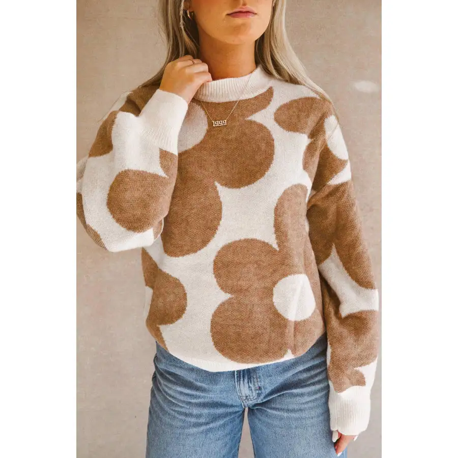 Contrast Flower Mock Neck Long Sleeve Sweater Long Sleeve Top