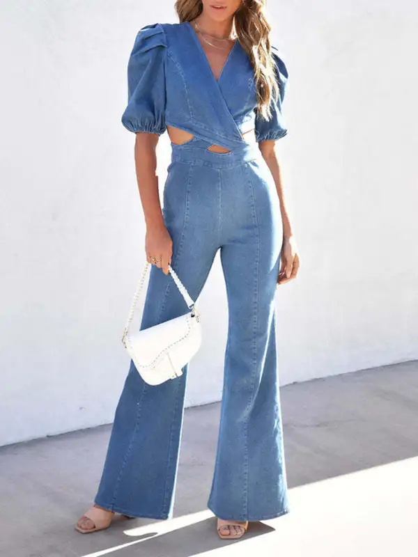 Denim Slim Puff Sleeve Crossover Waist Pants