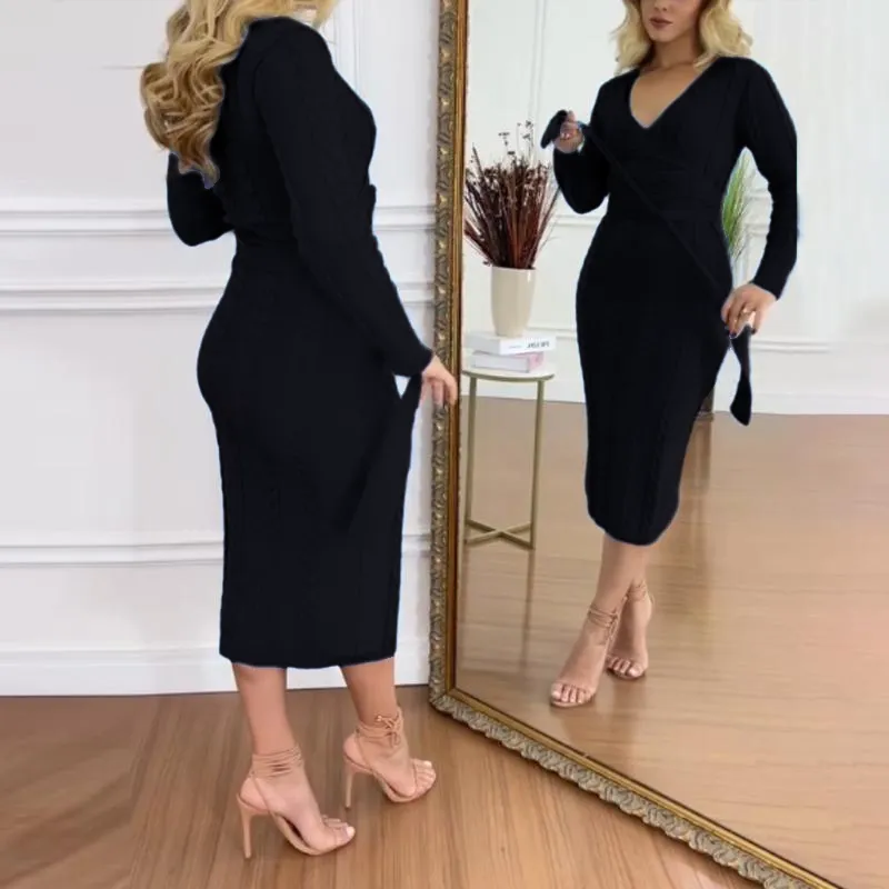 Women's Cable Textured Overlap Deep V-Neck Long Sleeve Mid-Length Dress Tie Waist Slim Fit Knit Dress