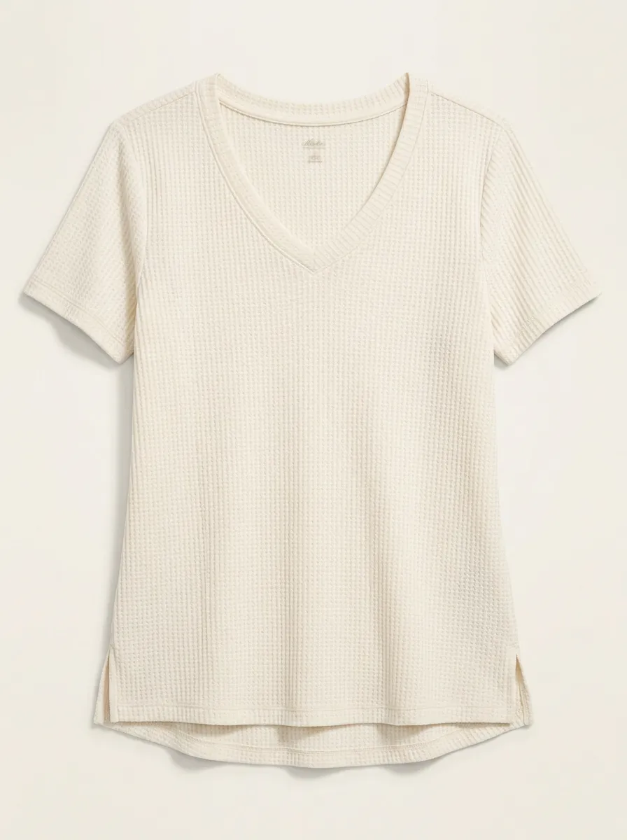 Women's Casual Solid Color Waffle Knit V-Neck T-Shirt