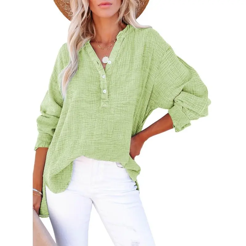 Women's Casual Button V Neck Long Sleeve Shirts Oversized Solid Blouses Tops 100% Cotton