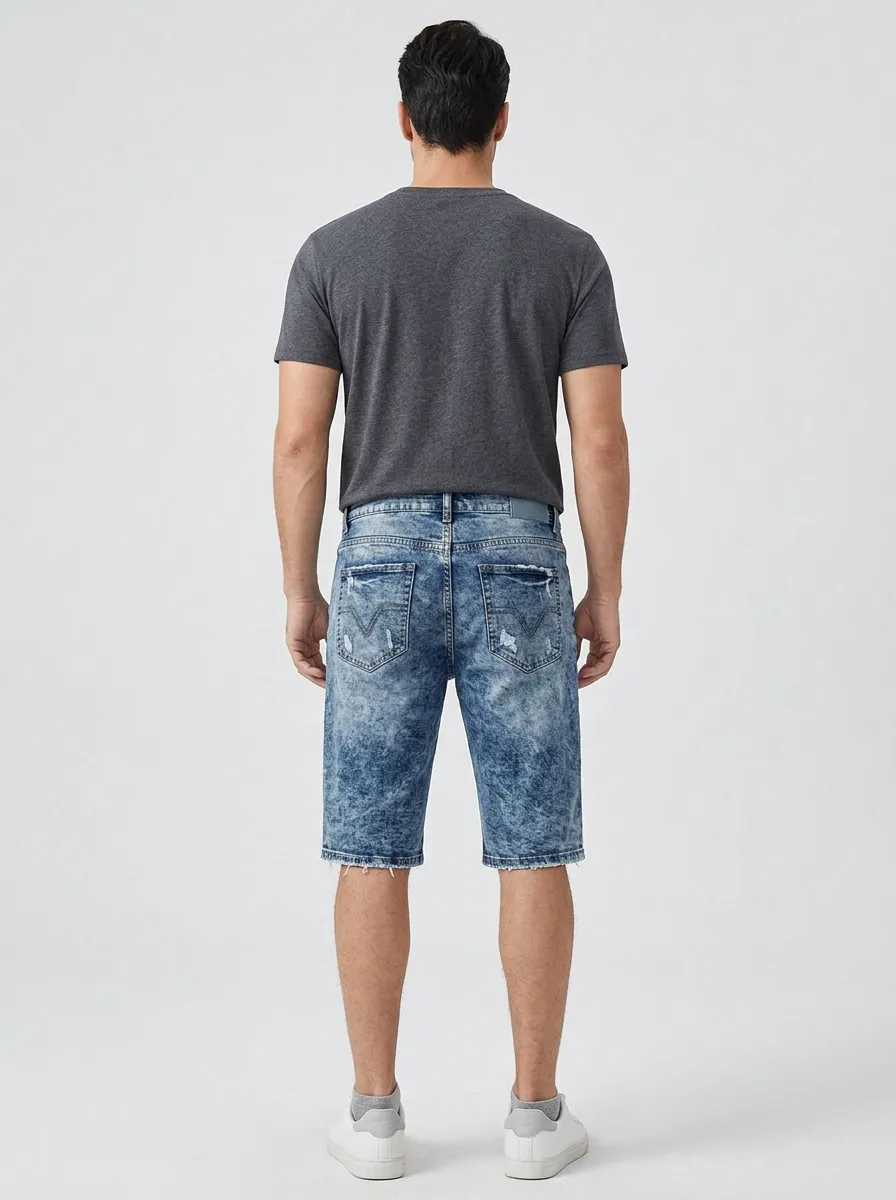Men's Patchwork Distressed Acid Wash Distressed Denim Shorts