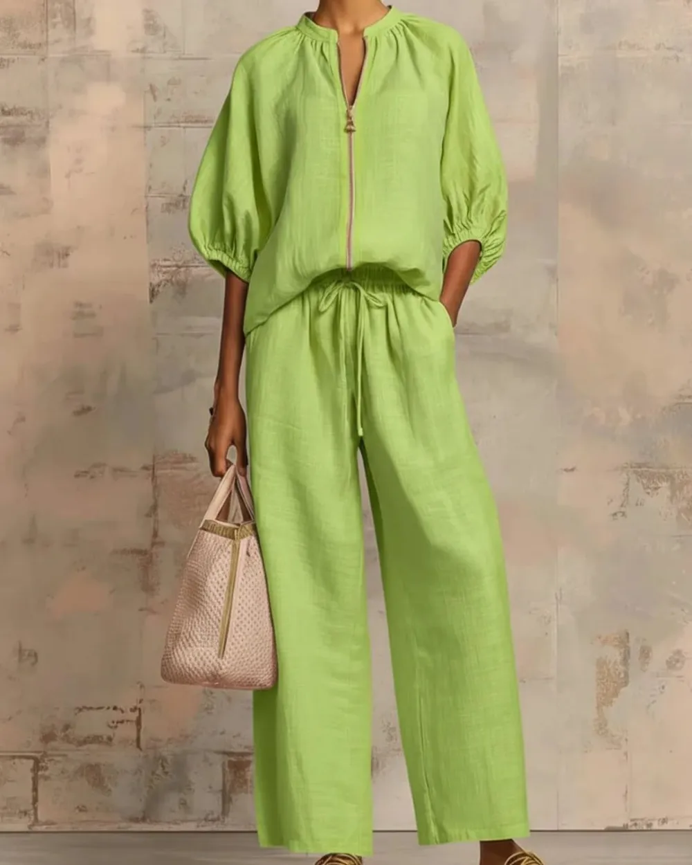 Knitted Fabric Blouse and Long Pants Two-Piece Outfit with Flounce Sleeves