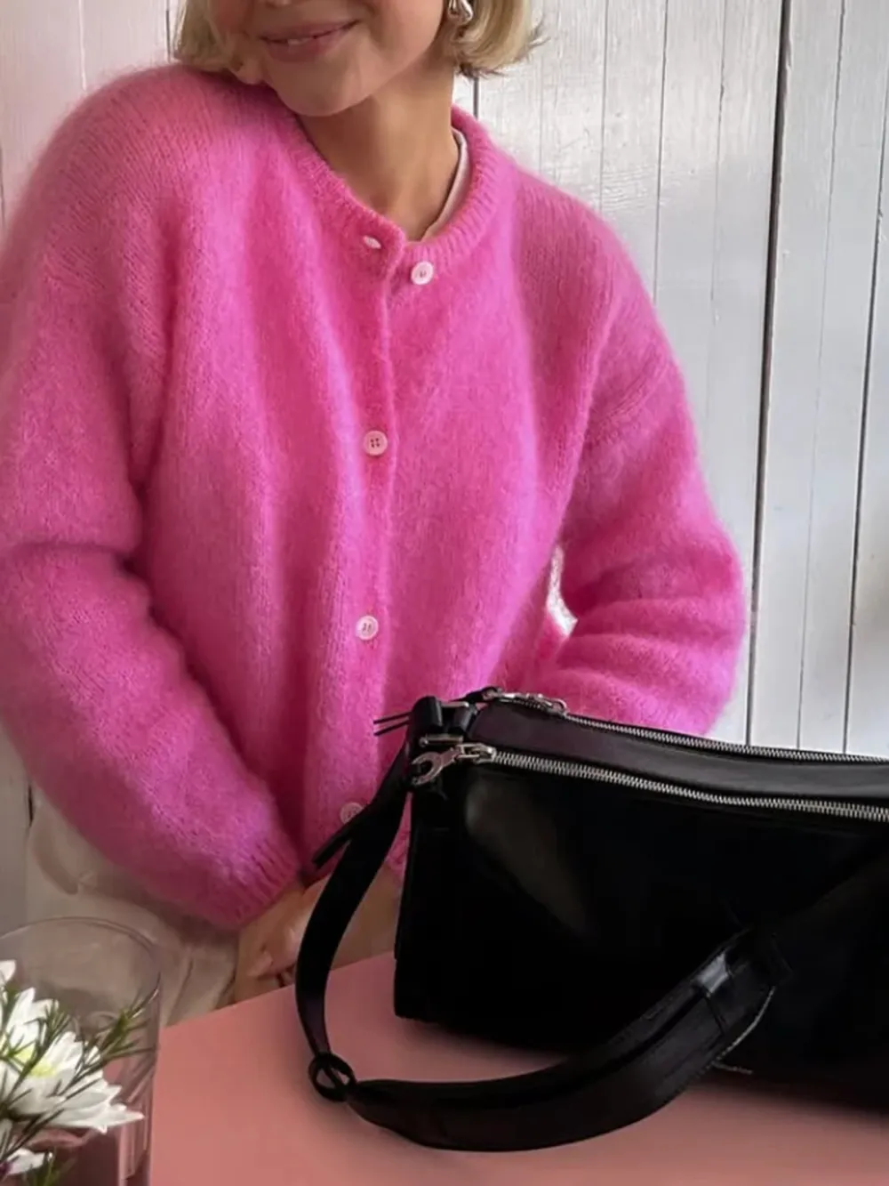 Casual Style Cardigan Rose Pink