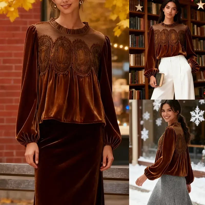 Women'S Long Sleeve Velvet Trim Lace Blouse Elegant Flared Swing Top