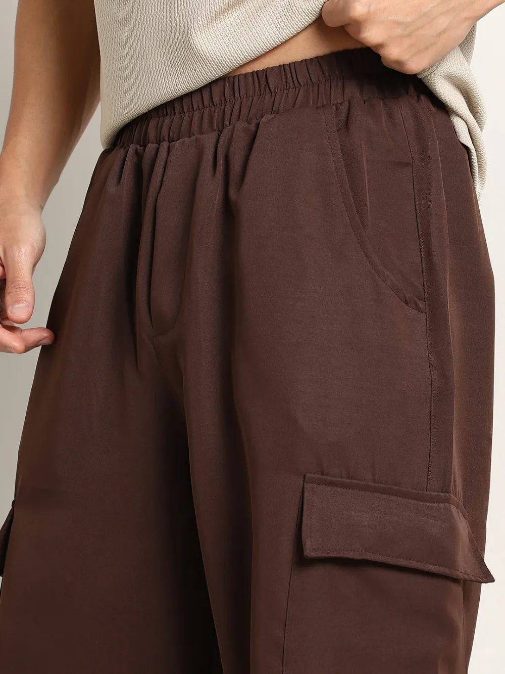 Brown Mid-Waist Relaxed Cargo Trousers