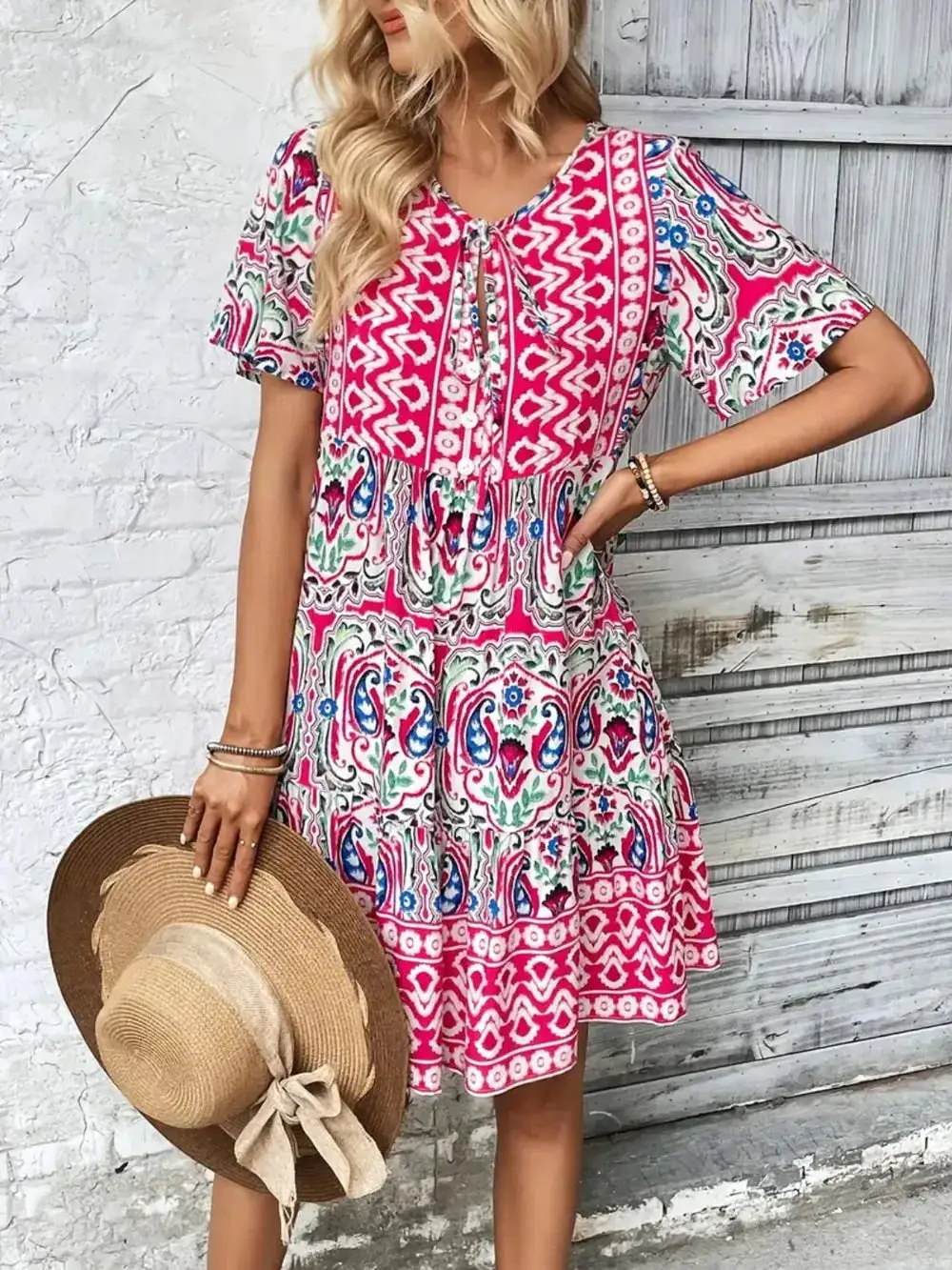 Short Sleeve Printed Midi Dress
