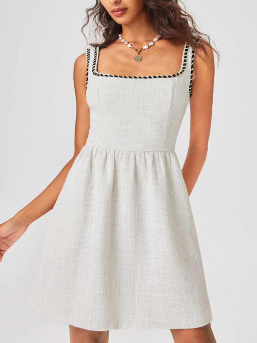 Tweed U-Neckline Solid Mini Dress