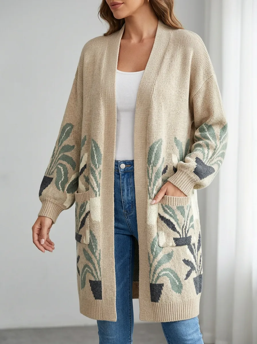 Women's Plant Potted Leaf Pattern Knit Long Cardigan