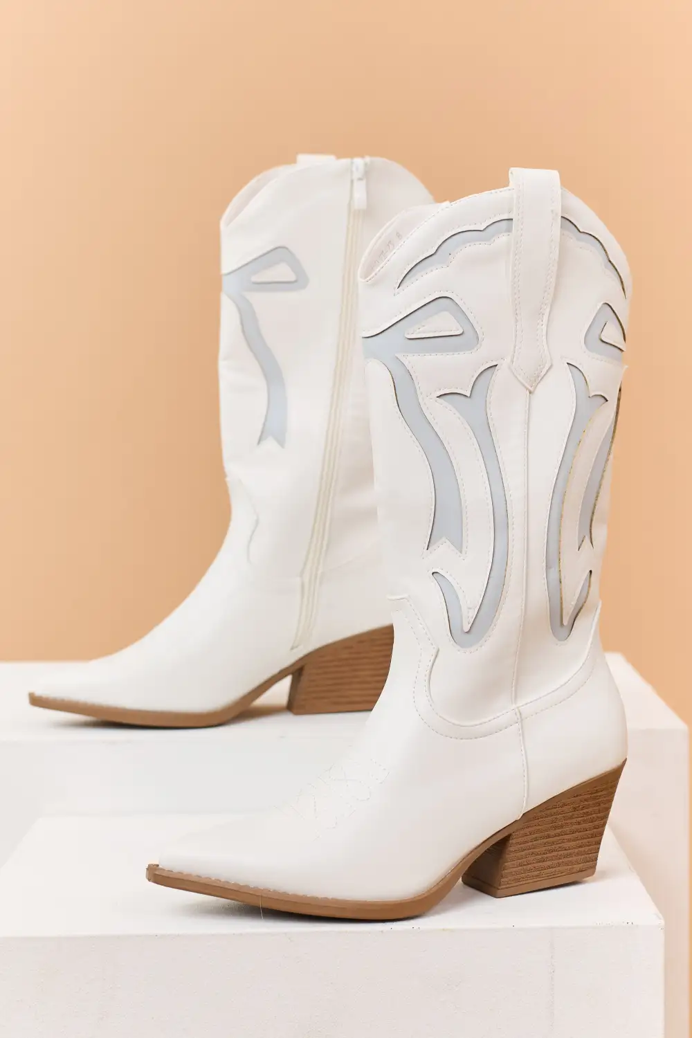 Ivory and Powder Blue Faux Leather Western Style Boots