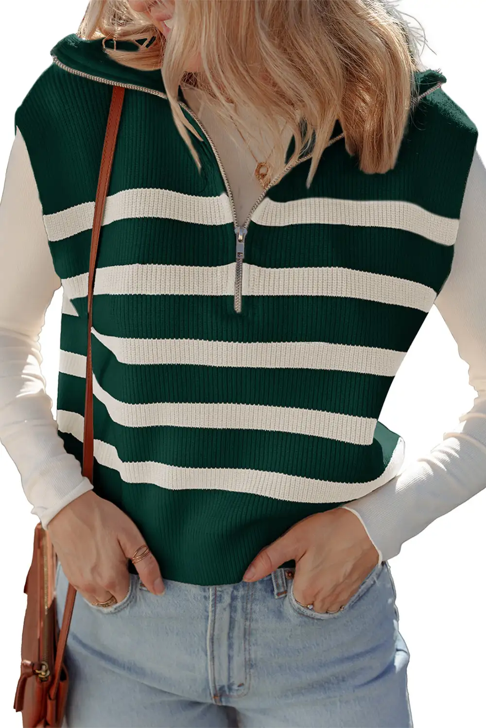Ribbed Half Zip Collared Viscose Blend Sweater Vest