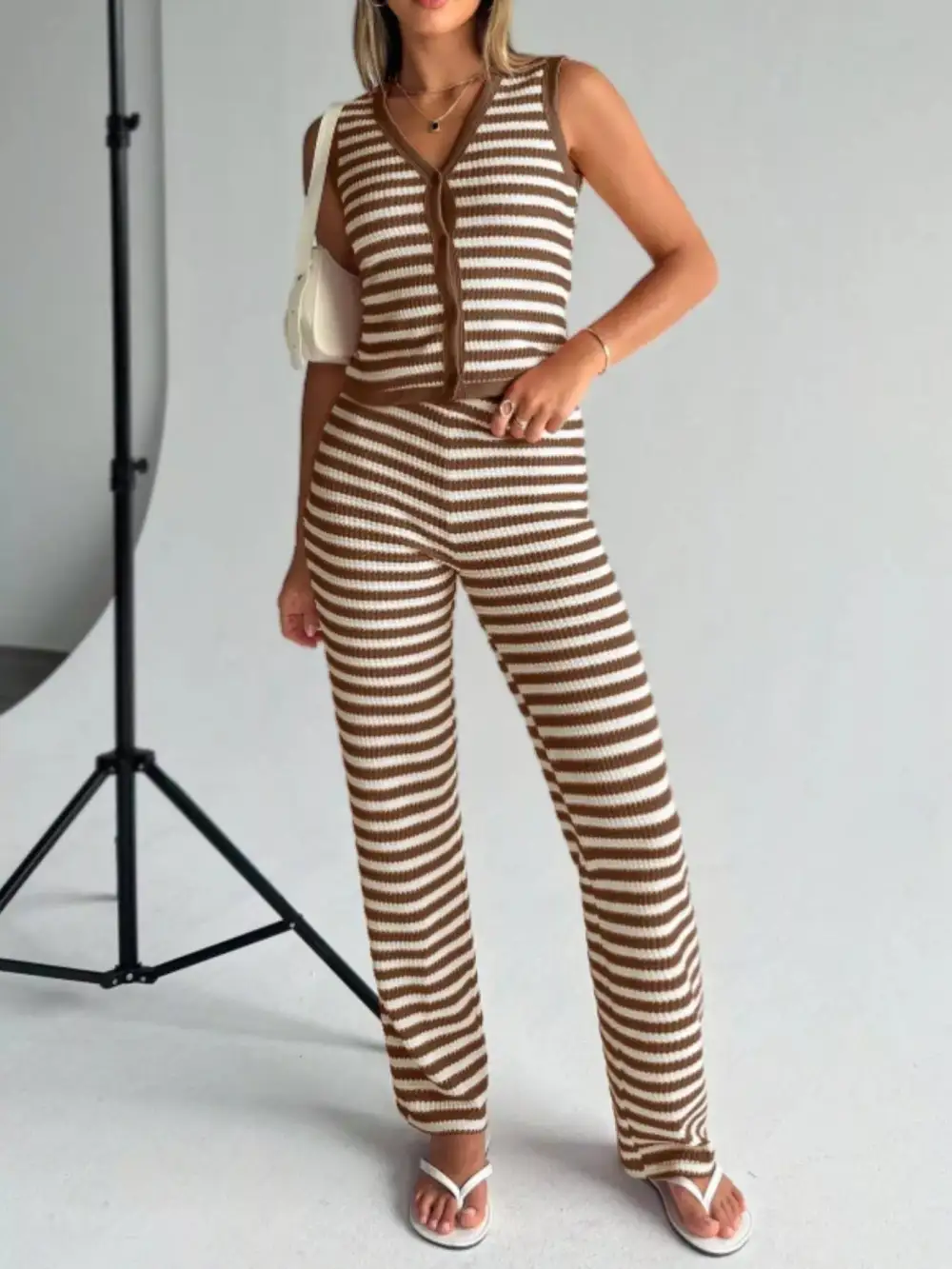 Striped Knit V Neck Button Up Sleeveless Top and Flare Pants Set
