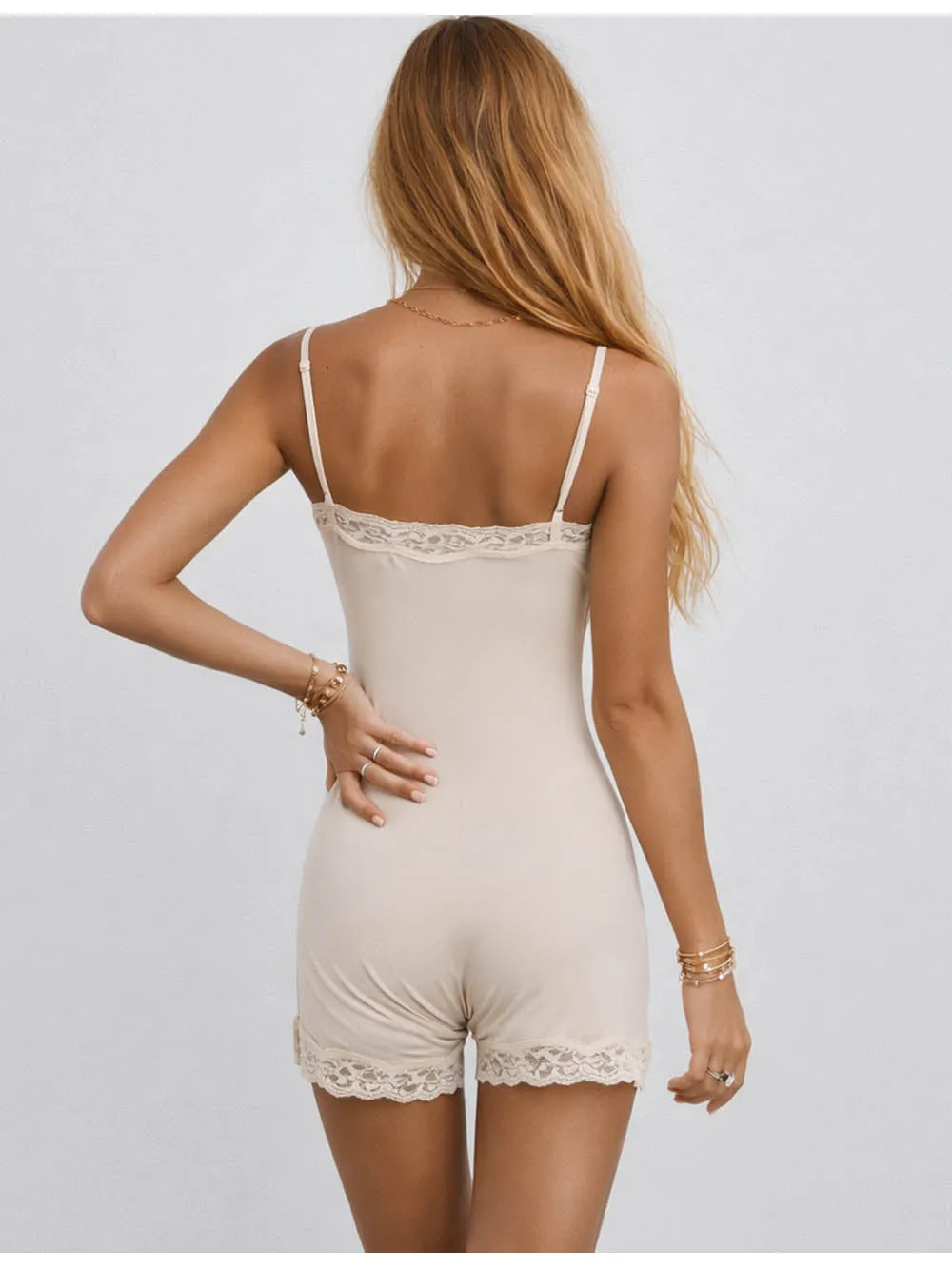 Lace Trim Solid Color Square Neck Bodycon Romper