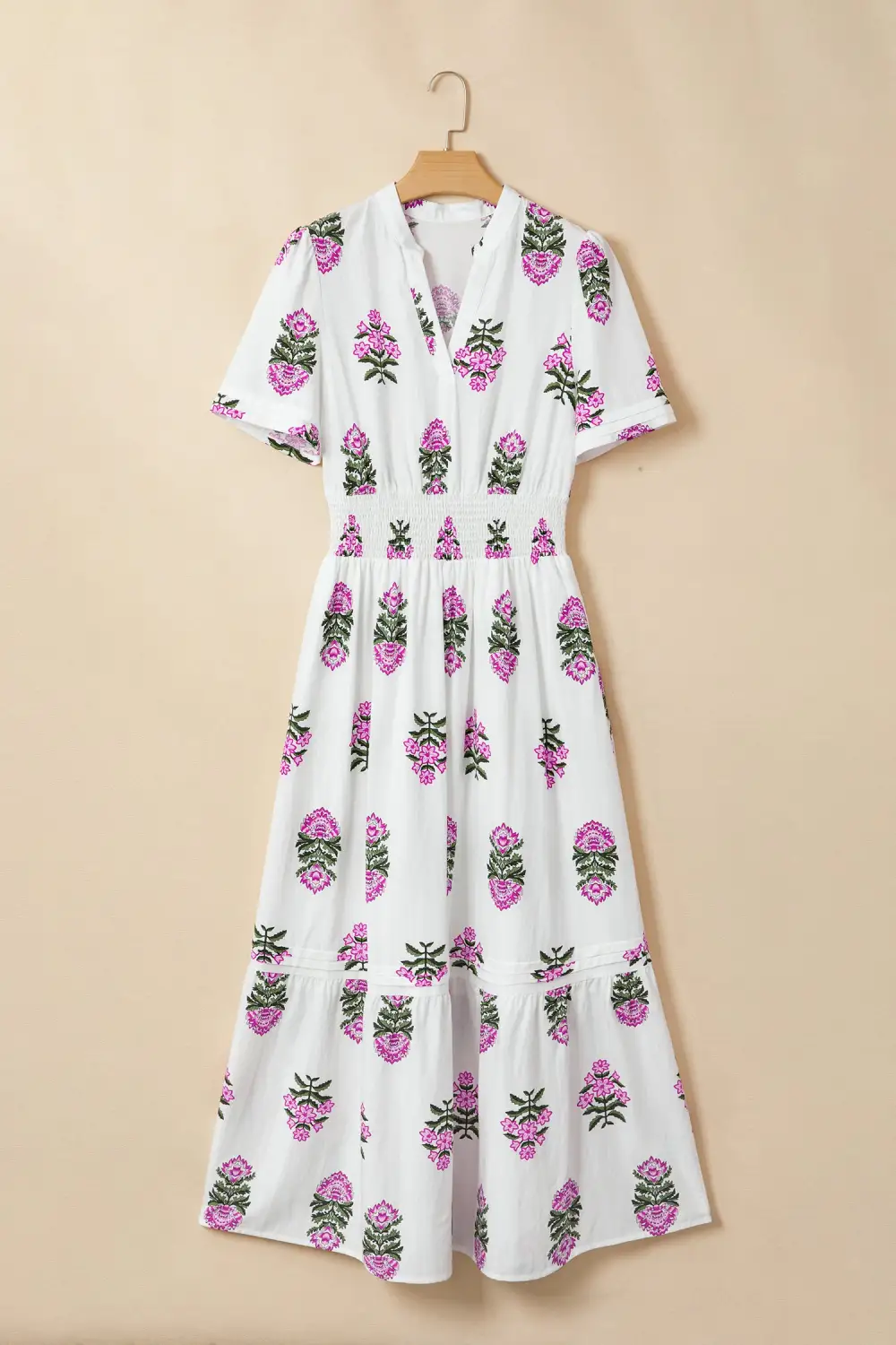 Polished Detail Floral Printed Split Neck Maxi Dress