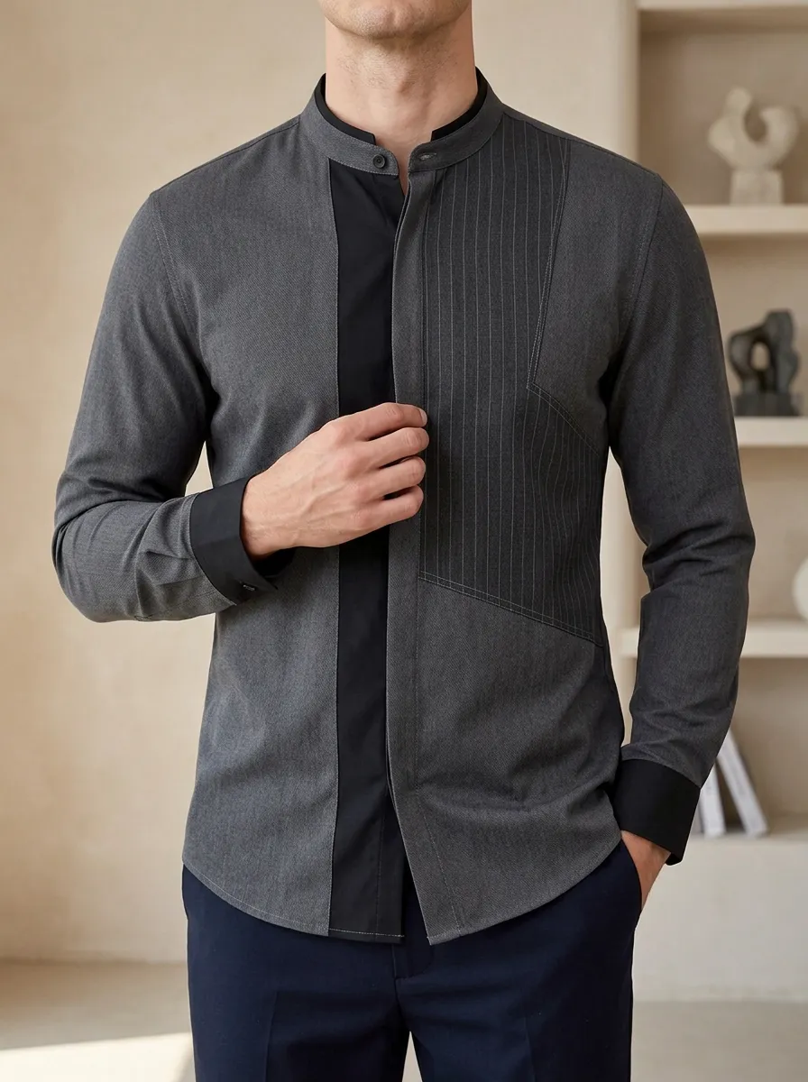 Men's Slim Fit Grey Pinstripe Mandarin Collar Long Sleeve Shirt