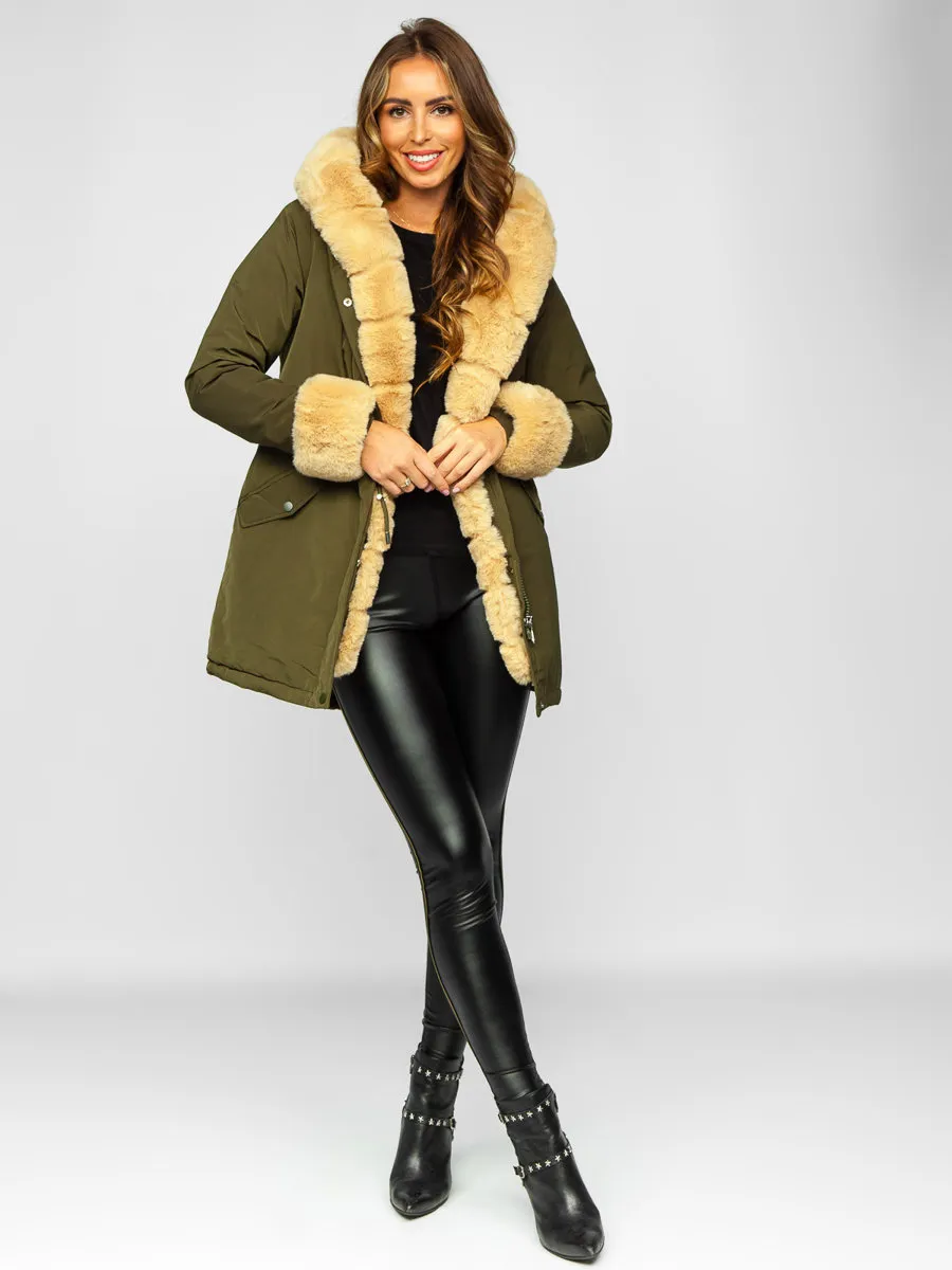 Khaki women's winter parka jacket with hood