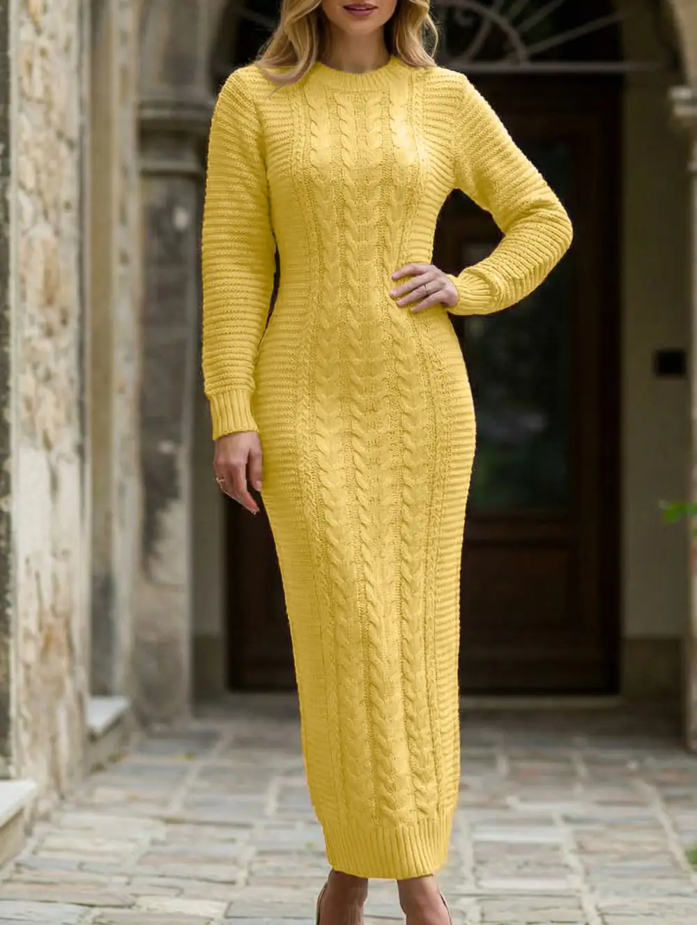 Cable Knit Long-Sleeved Wool Dress