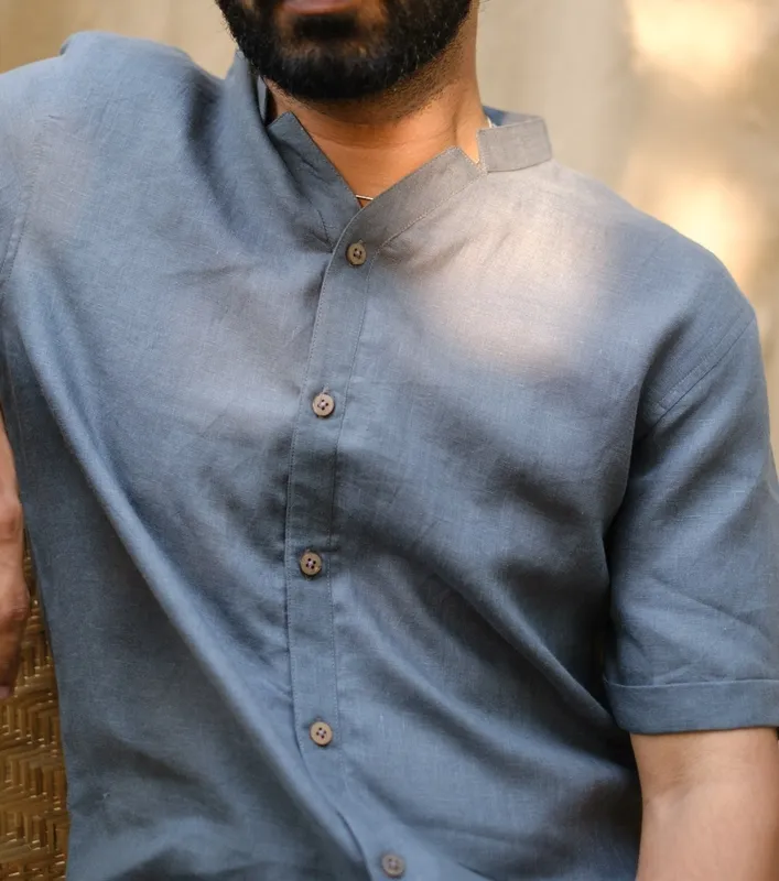 Slate Gray Relaxed Linen V-Neck Shirt