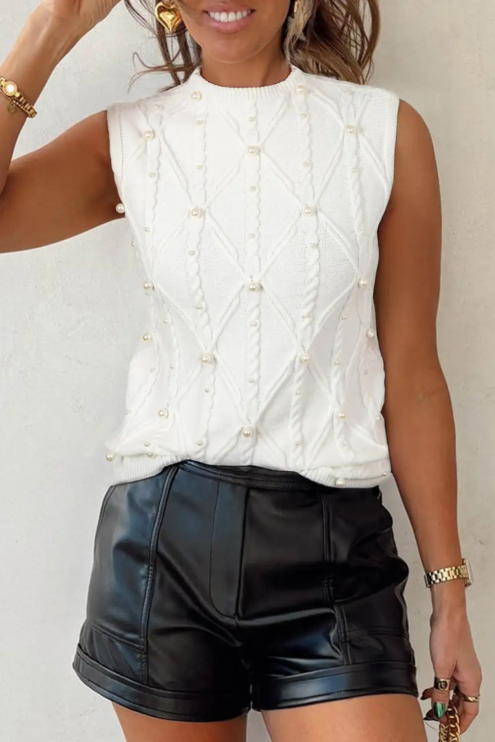 Pearled High Neck Textured Knit Sweater Vest
