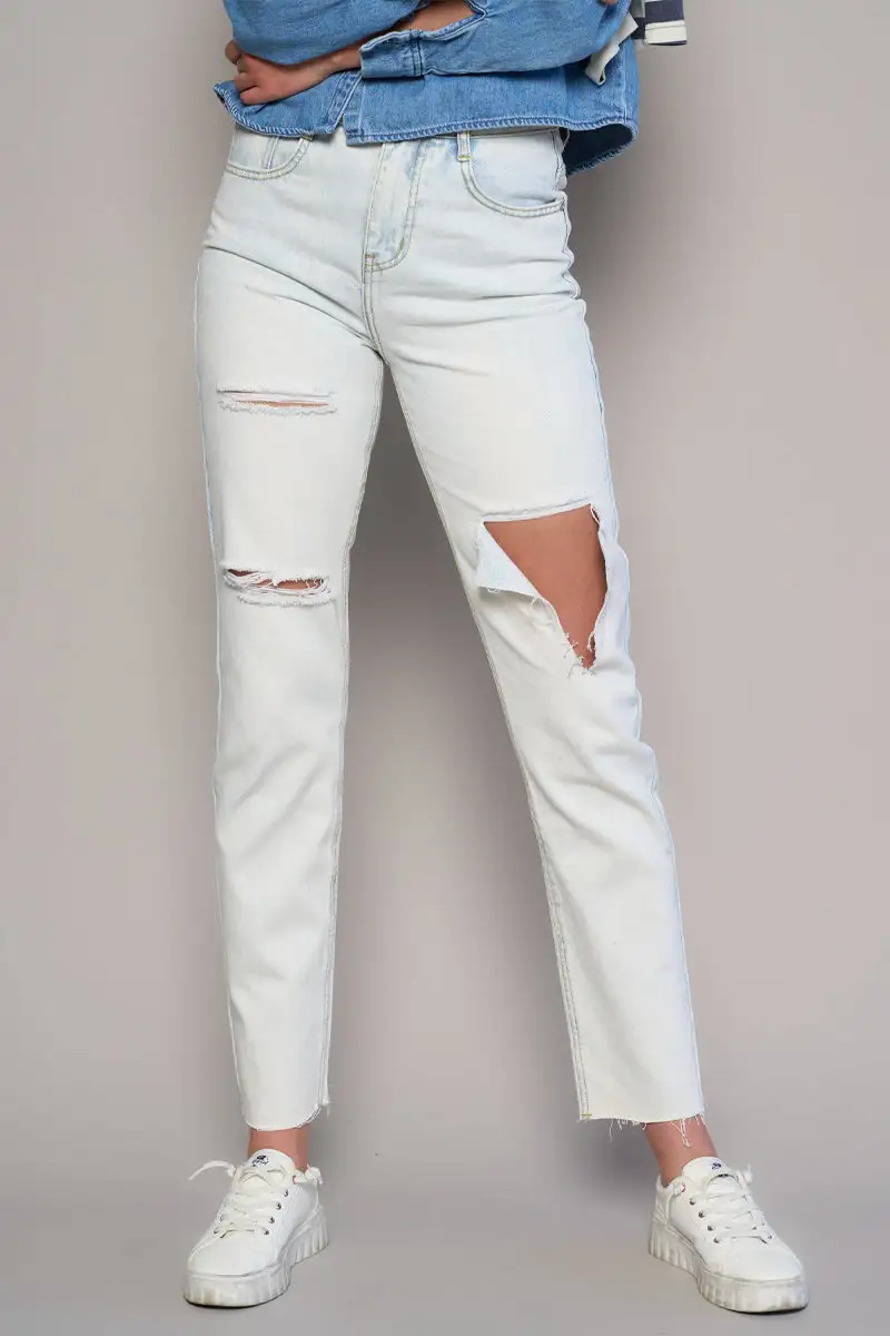 Women's High Rise Raw Hem Ripped Slim Straight Rigid Denim Jeans