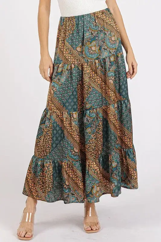 Paisley Patchwork Print Satin Maxi Skirt