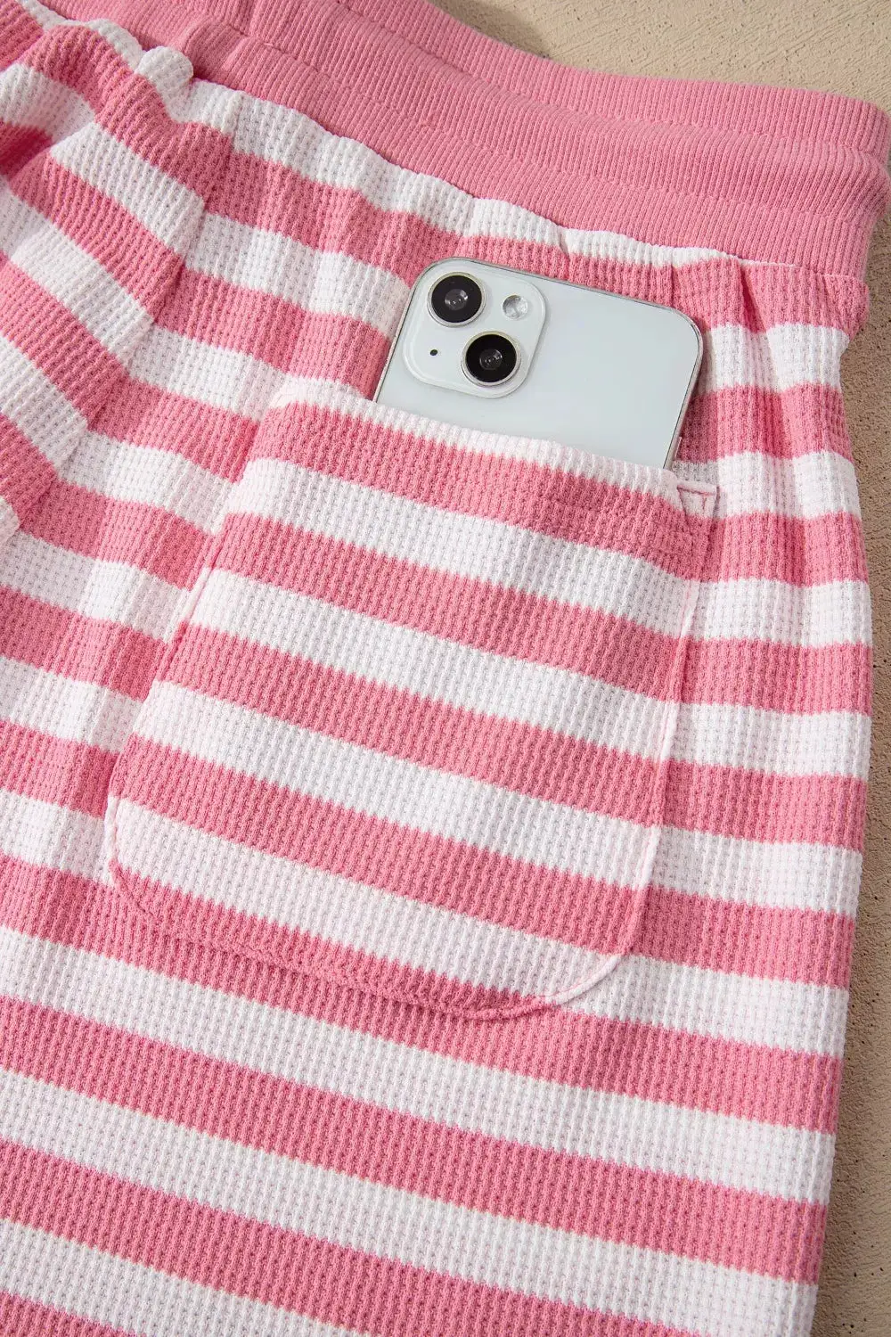 Textured Striped Round Neck Top Shorts Set