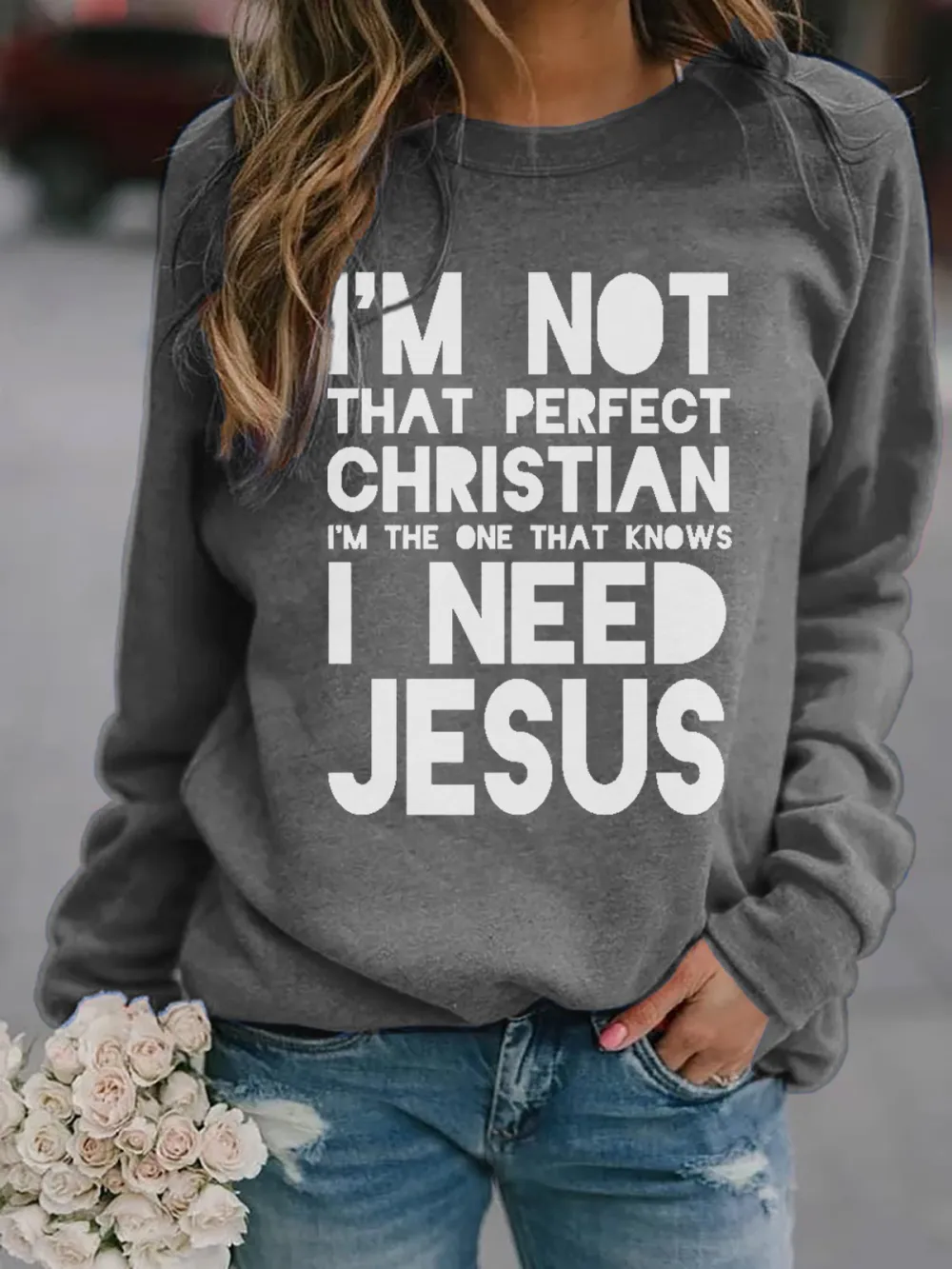 Women's Faith Christian I Need Jesus Print Sweatshirt