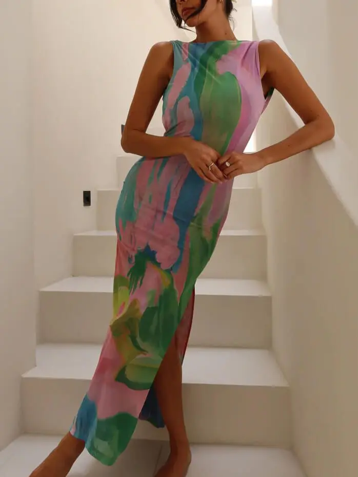 Sexy Open Back Sleeveless With Side Midi Dress