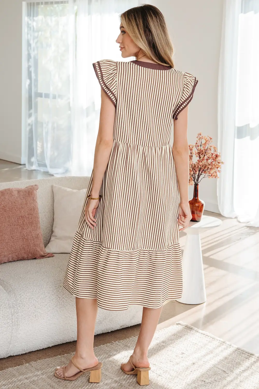 Lightweight Feel Striped V Neck Ruffle Midi Dress