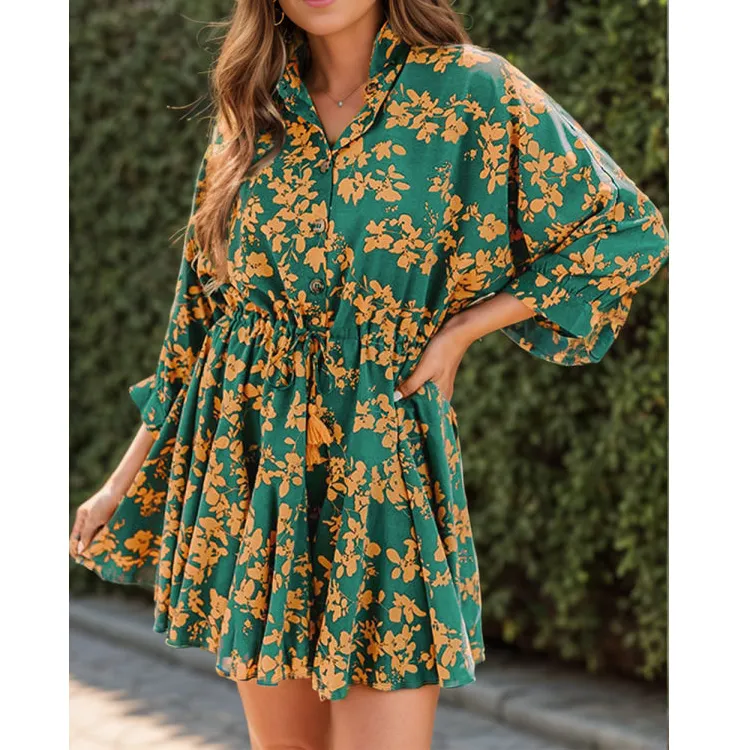 Printed Three-quarter Sleeve Mini Dress