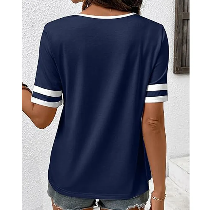 Spring/Summer Women's Casual Color Block V-Neck T-Shirt