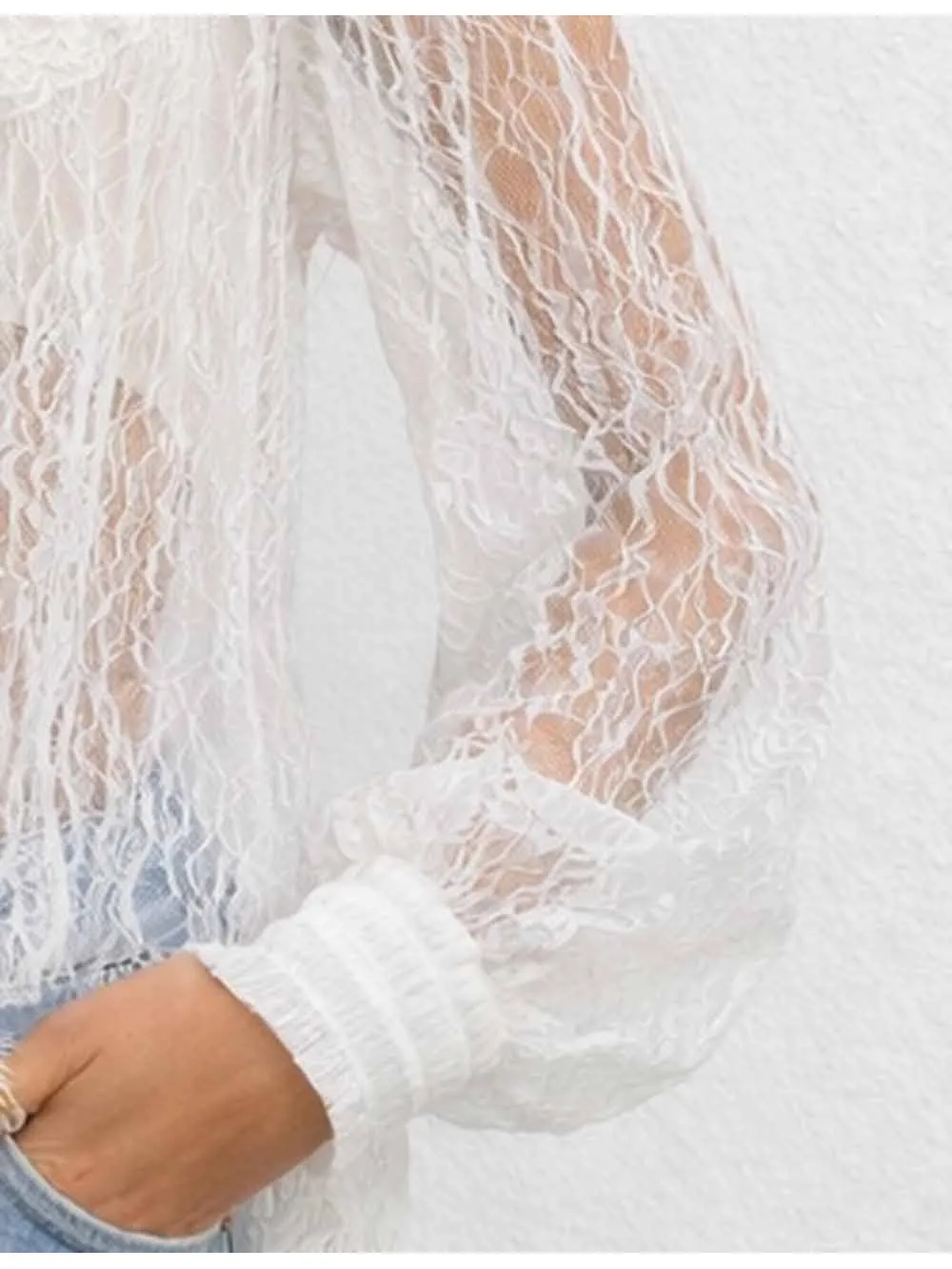 Sheer Lace Round Neck Button Long Sleeves Boho Blouse