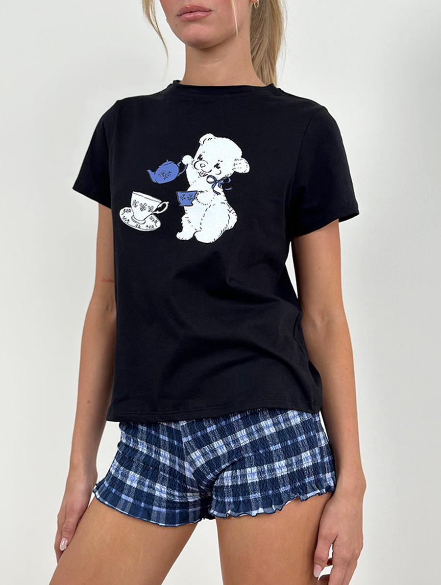 Black With Tea Time Print Tee