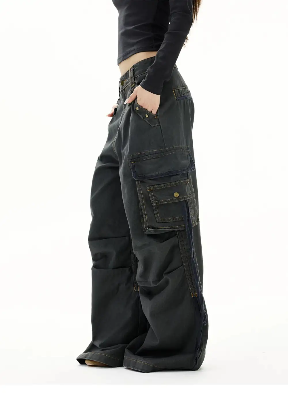 Wide-Leg Cargo-Pocket Strap-Detail Jeans