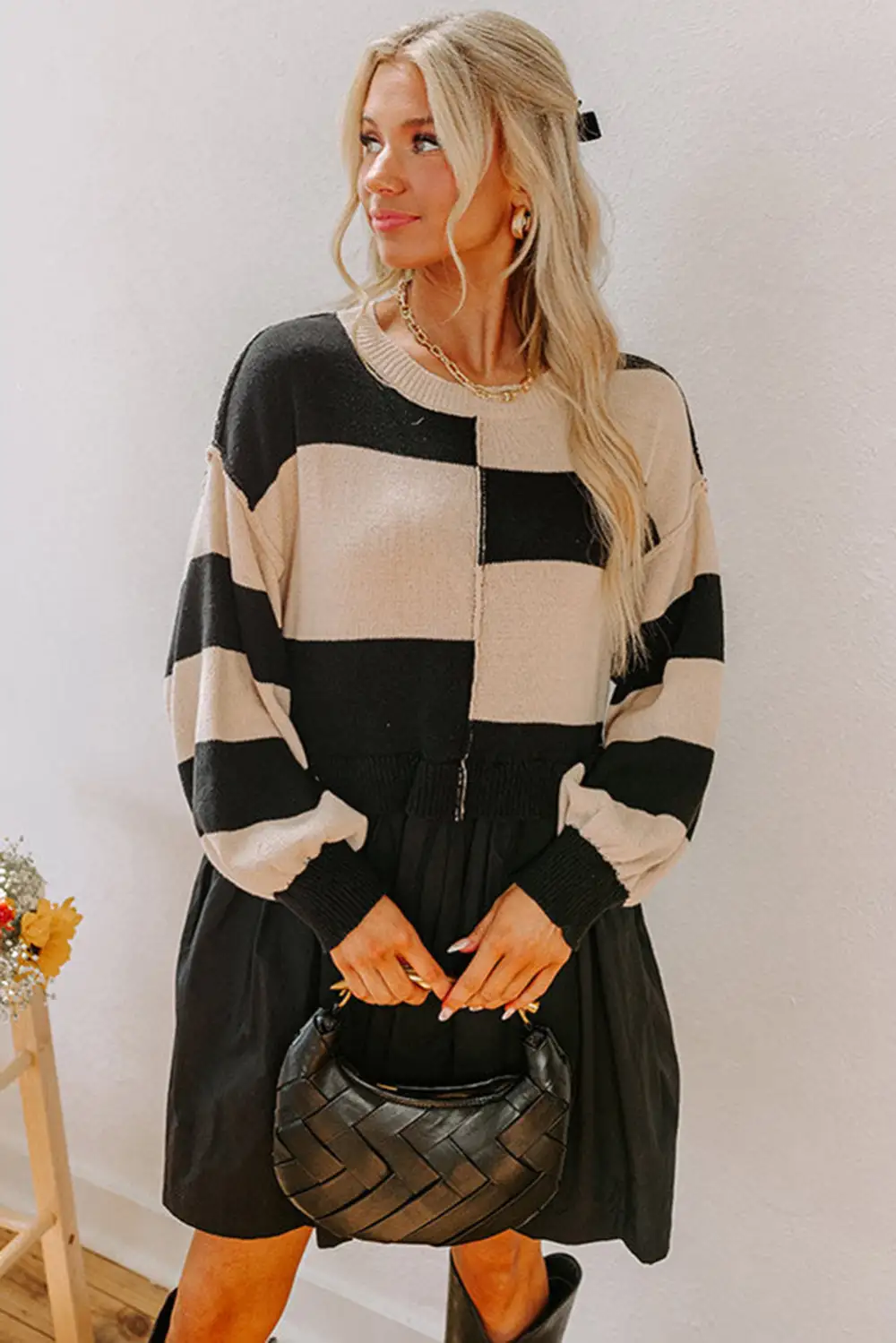 Striped Knit High Waist Sweater Dress