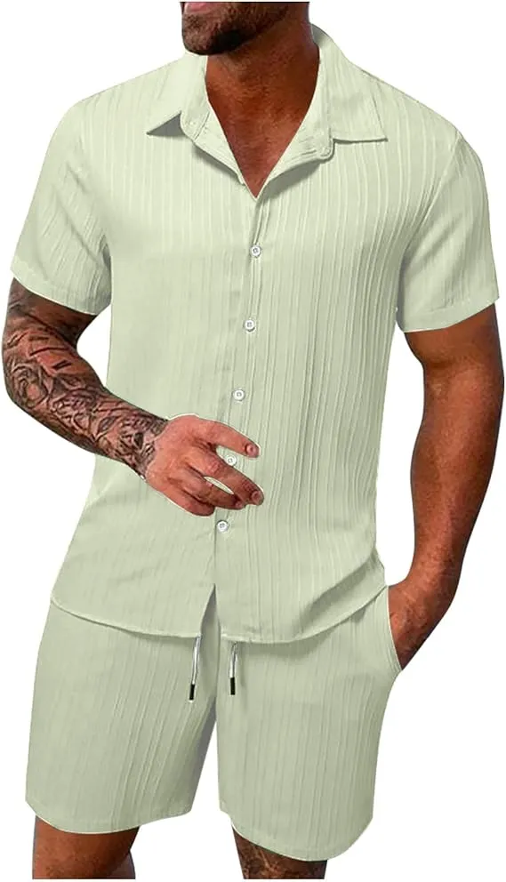 Men'S Solid Textured Short Sleeve Button Front Shirt & Pocket Drawstring Waist Shorts Two-Piece Set, Casual Summer Outfits Clothes Set For Men, Sets For Men Clothing, Menswear,  Summer Outfits Set