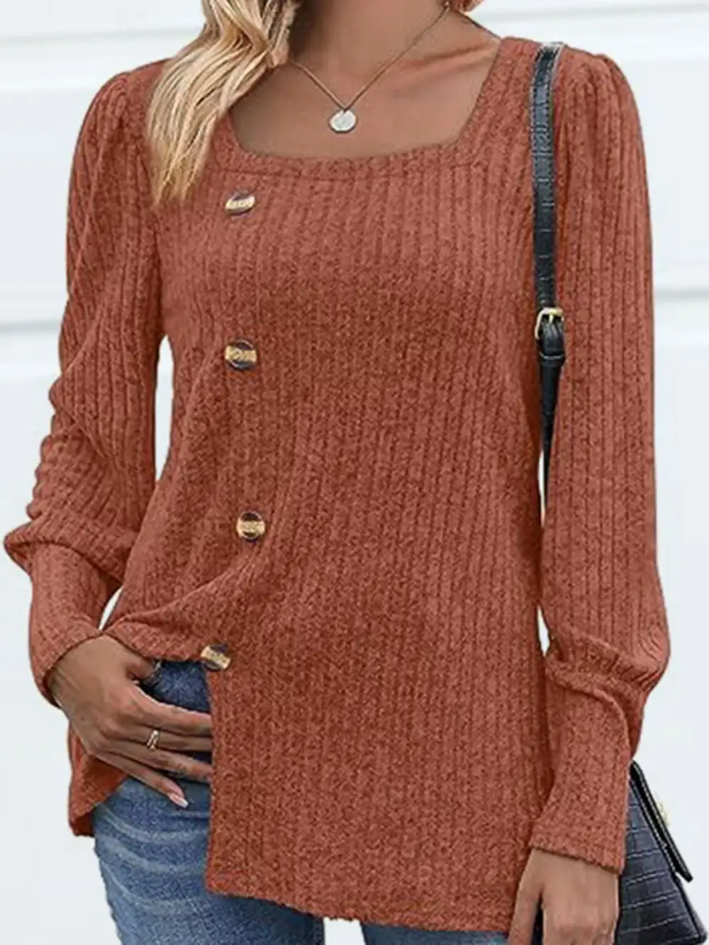 Button Front Square Neck Blouse