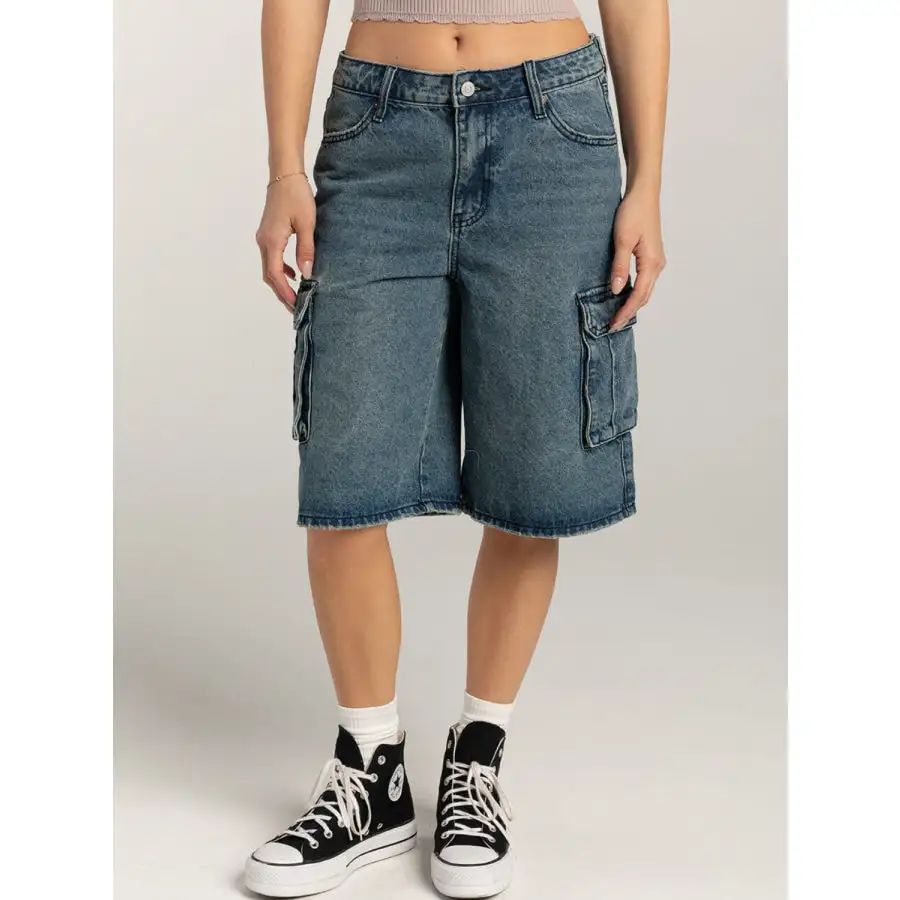 Refined Mid Rise Waist Denim Shorts with Pockets